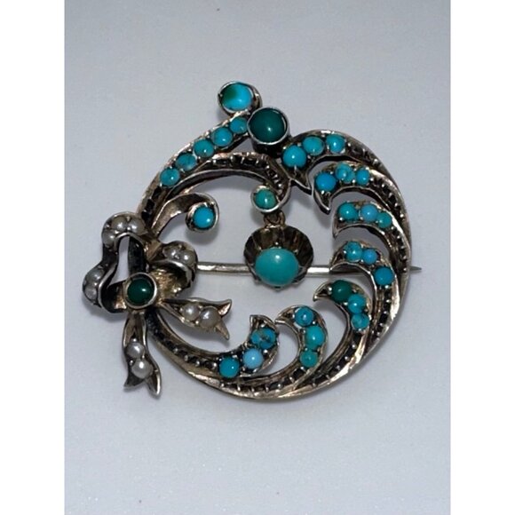 Antique Victorian 9kt gold genuine turquoise cabochons seed pearls bow brooch - Picture 2 of 12